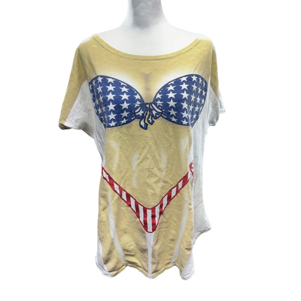 L.A. Imprints My Bikini VTG T-Shirt USA Stars Stripes Trompe L'oeil Cover Up OS